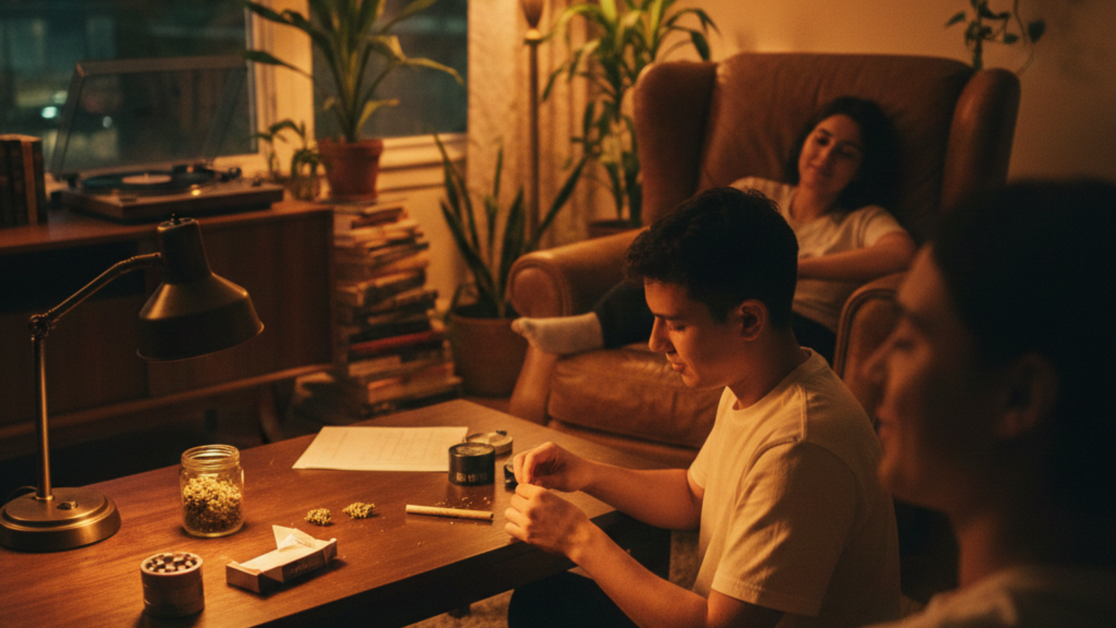 Three friends rolling a joint in a cozy apartment at night