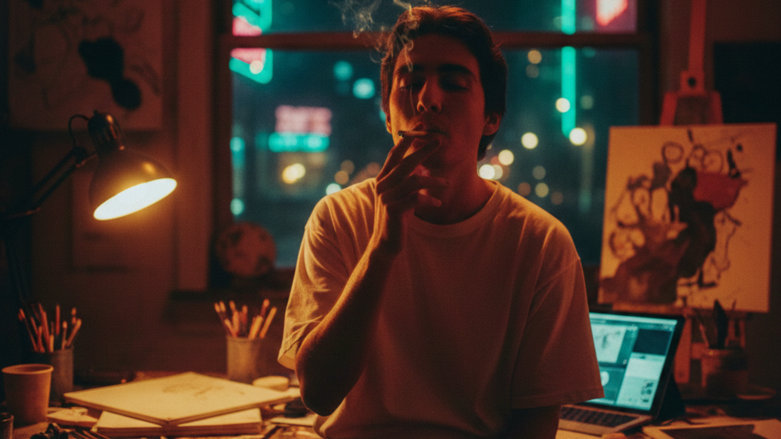 Animator smoking a joint in a paint- and sketch-splattered studio