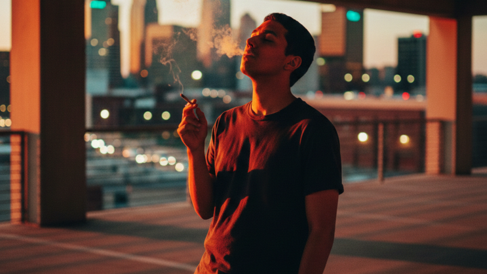 Person smoking a joint on a parking garage rooftop with downtown city view