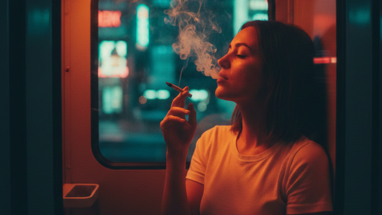 Woman smoking a joint in a glowing capsule hotel pod