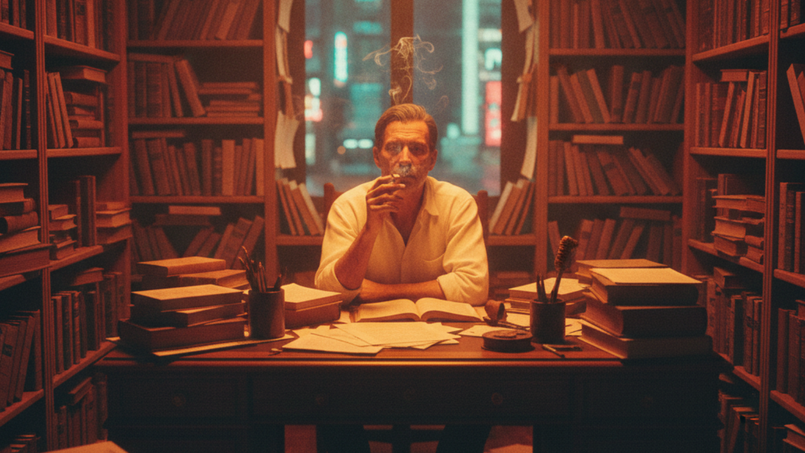 Philosopher smoking a joint in a book-filled study