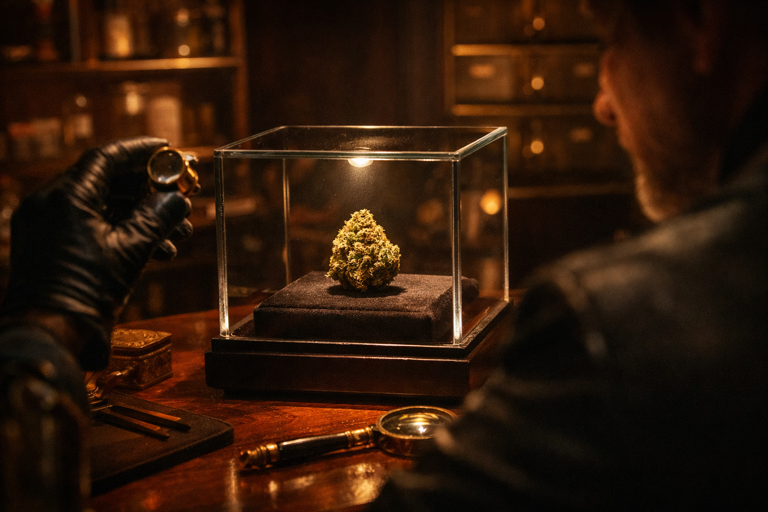 Cannabis displayed like a rare artifact in a luxury showroom