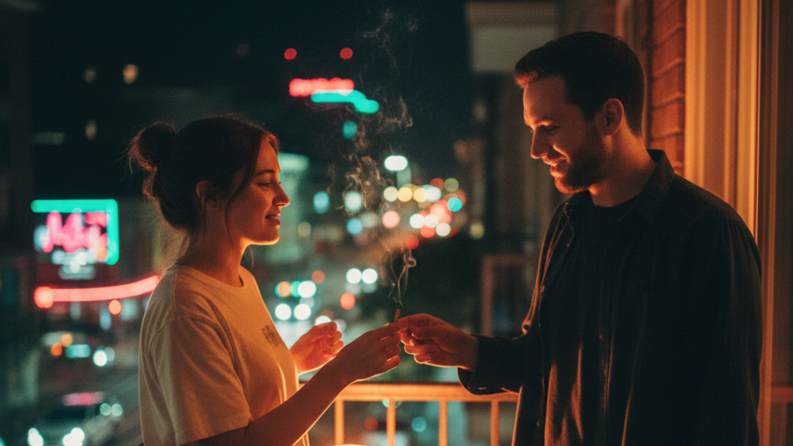 Two friends walking through neon-lit city streets at night