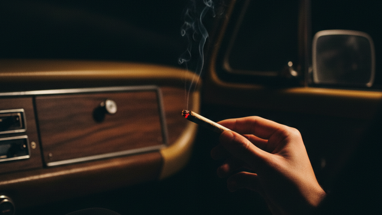 Hands holding a lit joint with smoke rising inside a vintage van