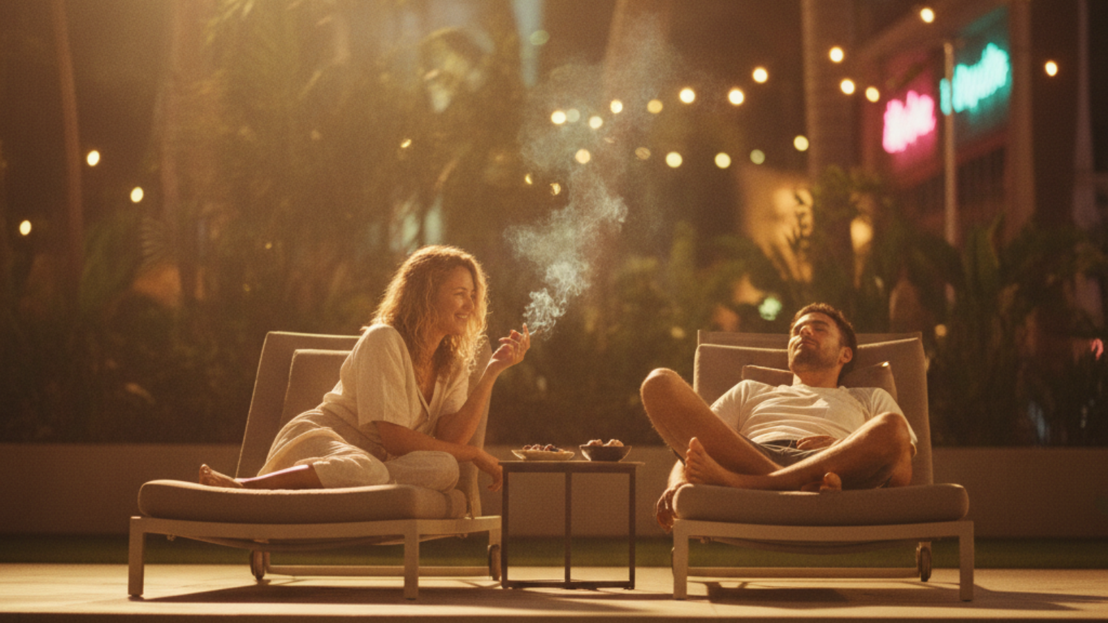 Two friends lounging on deck chairs by the pool at golden hour