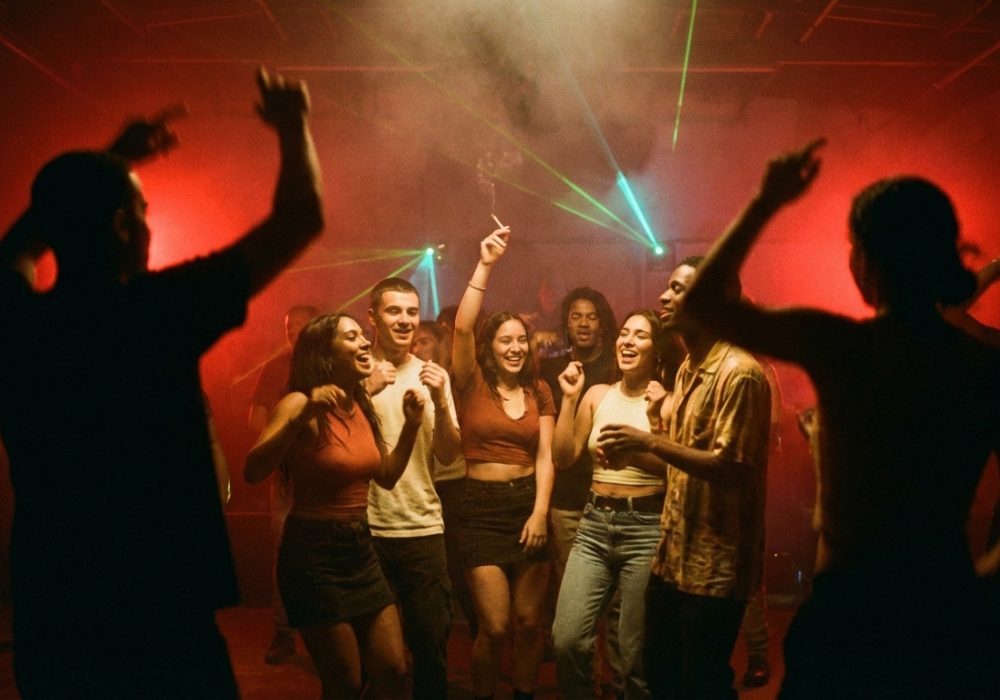 Group dancing in a red-lit warehouse party with smoke and lasers