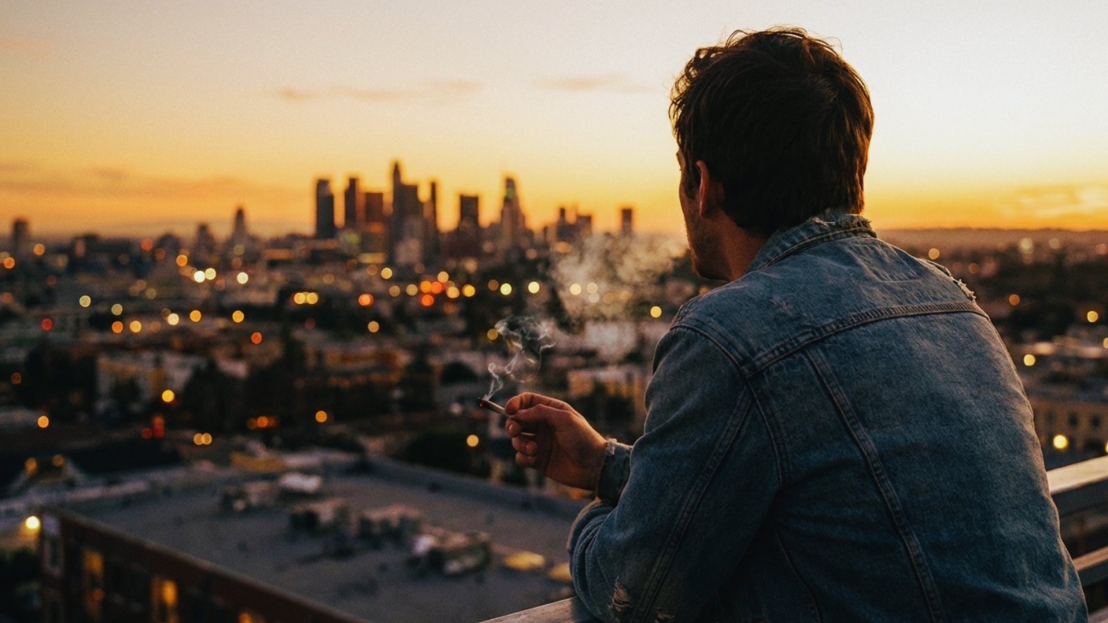 Person gazing over city lights from a rooftop at golden hour