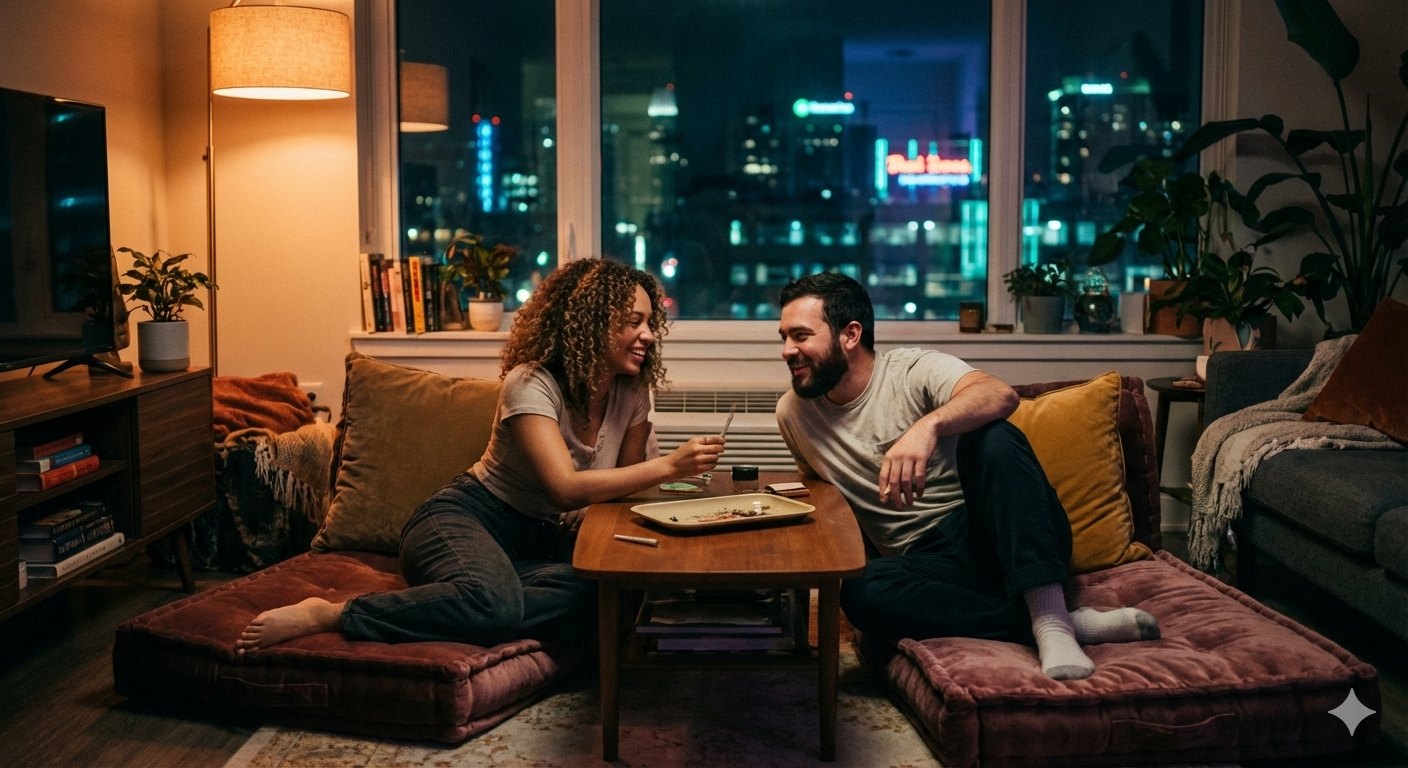 Two friends relaxing on floor cushions in a cozy apartment at night