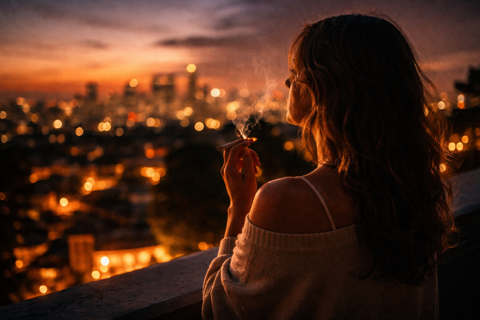 Solo figure gazing at city lights from a rooftop at golden hour