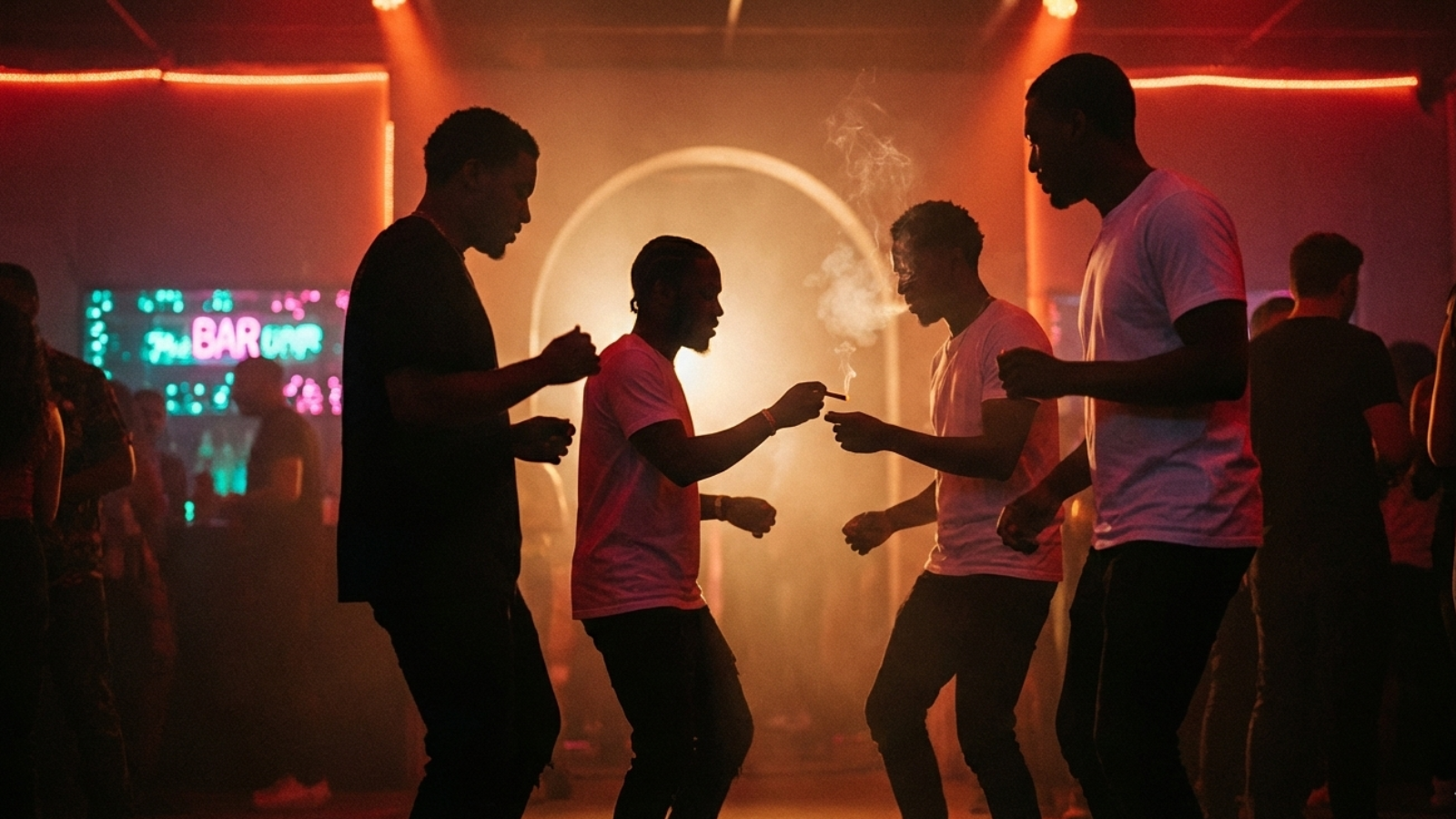 Four people dancing in a red-lit club, silhouetted against party lights