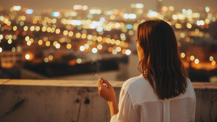 Solo figure gazing at city lights from a rooftop at golden hour
