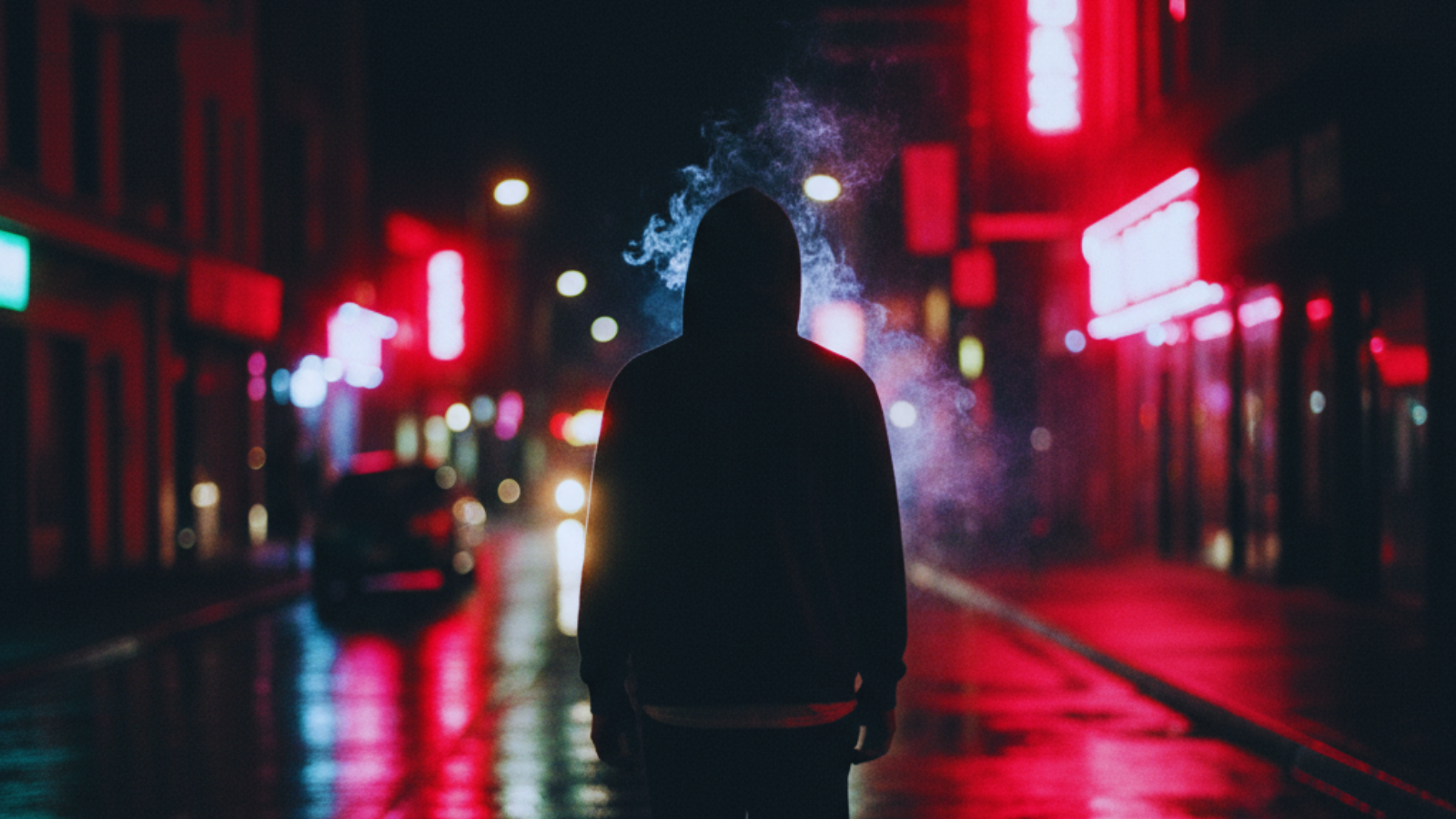 Person walking through neon-lit streets at night with smoke trailing