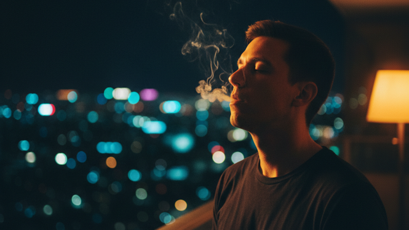 Person exhaling smoke on a city balcony at night