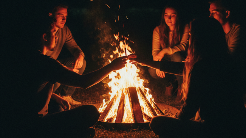 Five friends passing a joint around a backyard bonfire at night