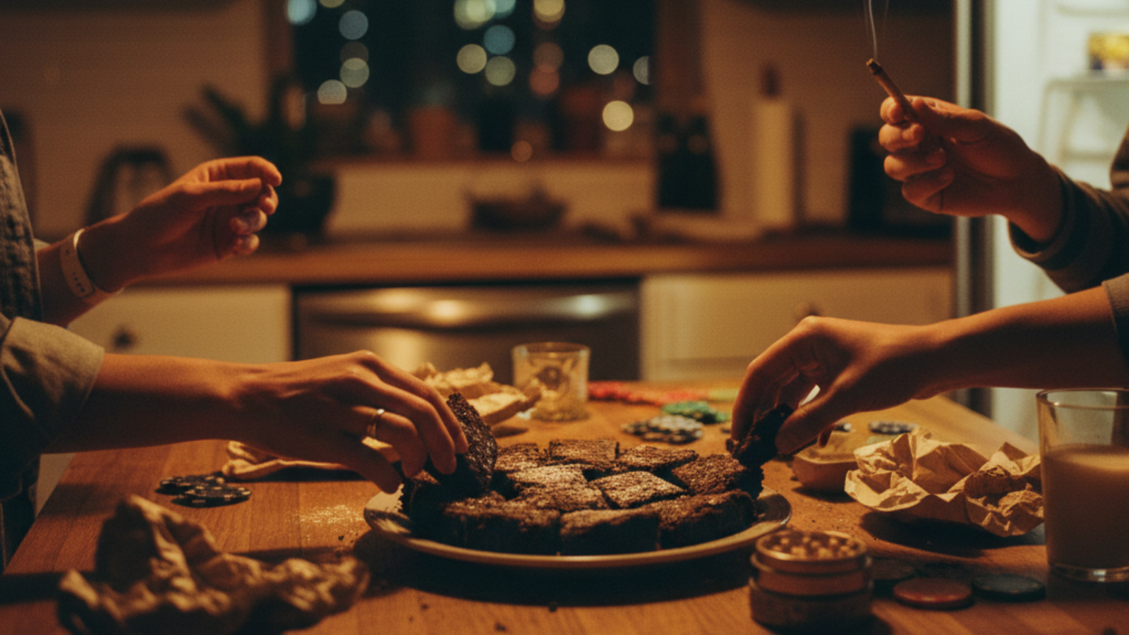 Three friends sharing brownies in a late-night kitchen