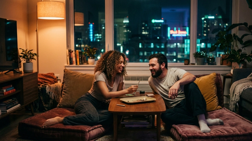 Two friends relaxing on floor cushions in a cozy apartment at night