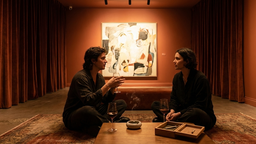 Two people sitting on a gallery floor in conversation after hours
