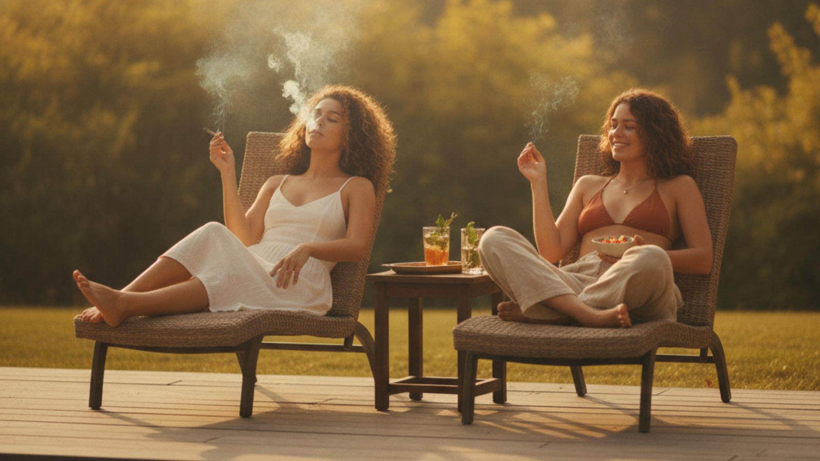 Two friends relaxing poolside in warm golden hour light