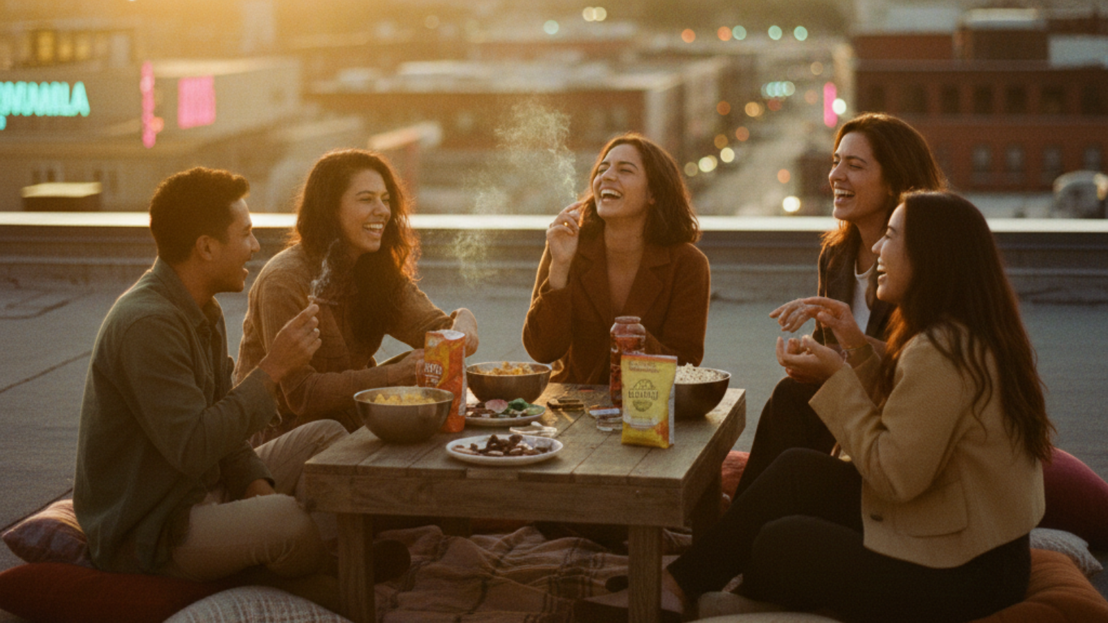 Five friends gathered on a rooftop at golden hour, sharing snacks and laughing with the city skyline behind them