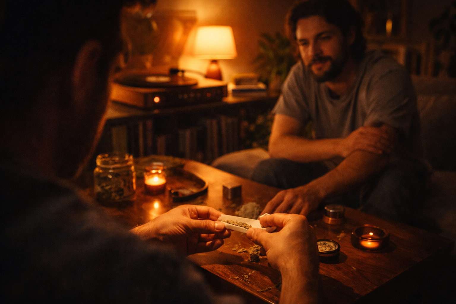 Over-the-shoulder view of two friends in a cozy apartment, one rolling at a coffee table while the other watches under warm lamplight