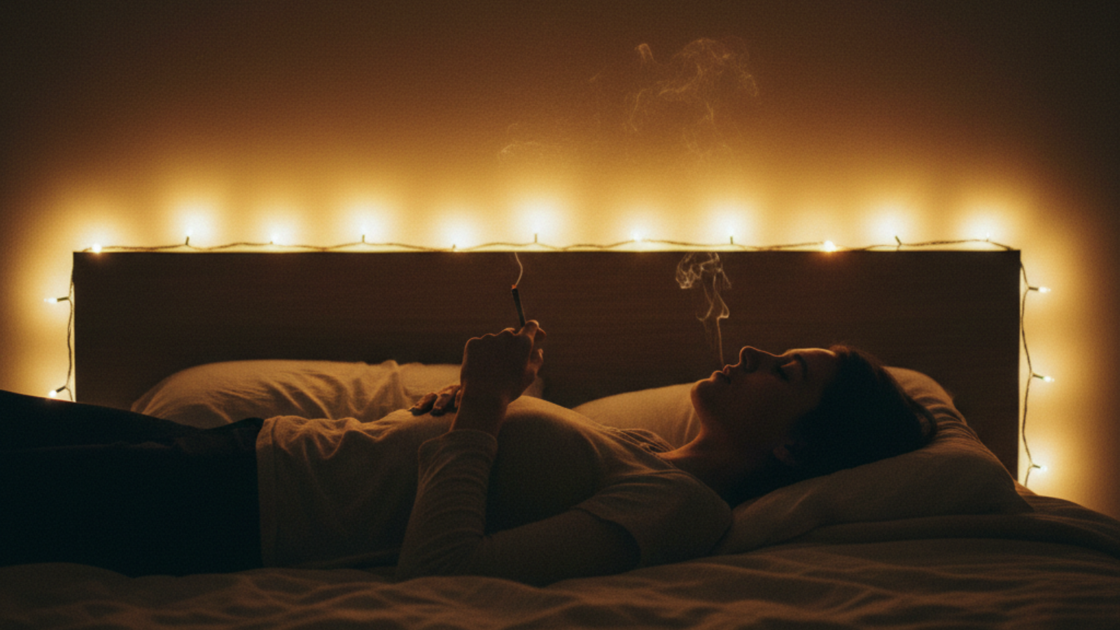 Solo figure lying on a bed under warm string lights, gazing at the ceiling with a joint resting in hand