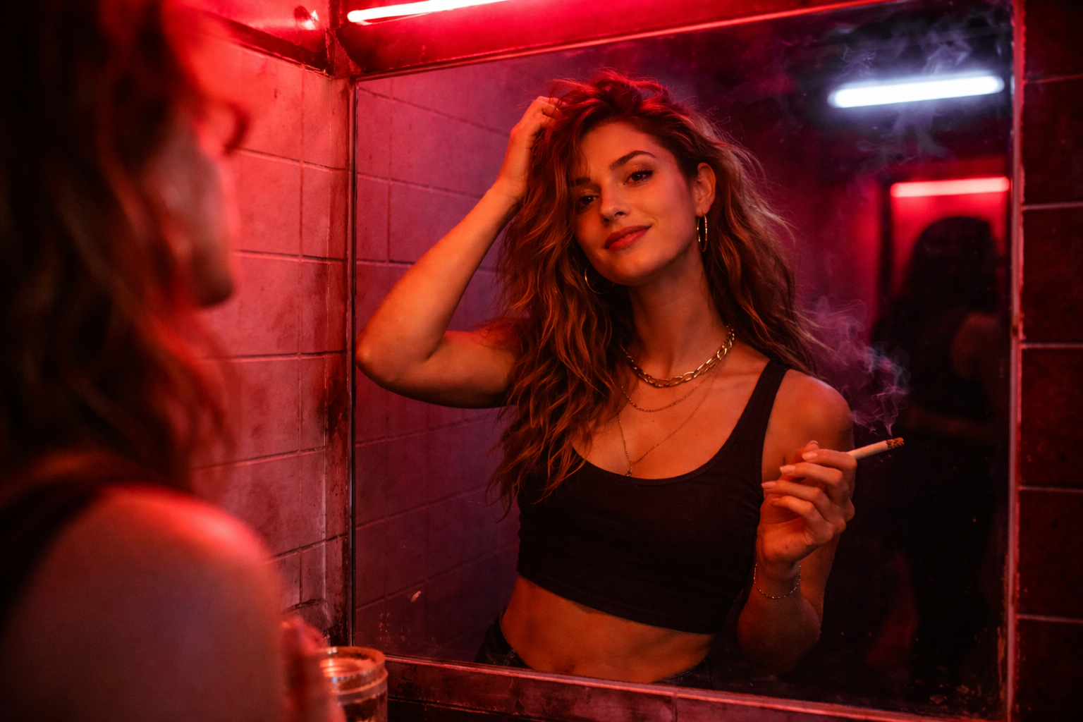 Waist-up mirror reflection of a person fixing their hair in a neon-lit club bathroom, holding a joint and smiling knowingly