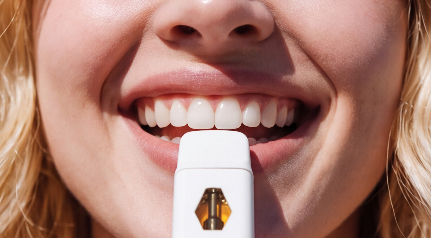 woman smiling while holding a vape close to her mouth
