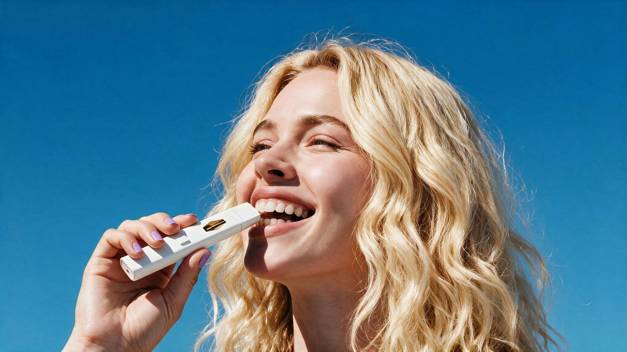 blonde woman smiling and holdin a vape near her mouth