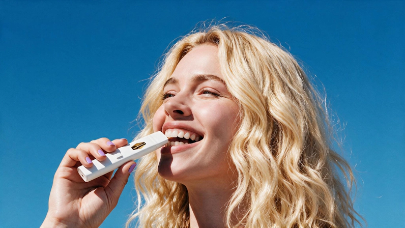 blonde woman smiling and holdin a vape near her mouth