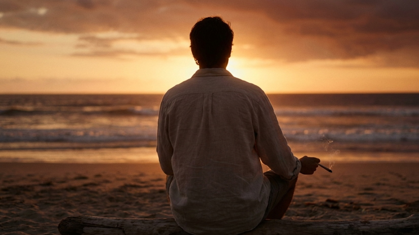 Over-the-shoulder view of a person holding a joint while watching the sunset over the ocean