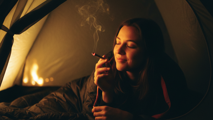 Waist-up portrait of a person inside a tent at night, smiling softly while holding a lit joint illuminated by ember glow and distant campfire light
