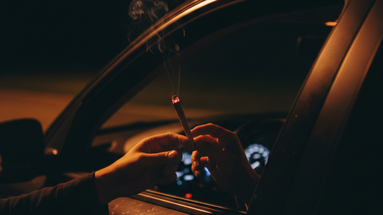 Tight close-up of two sets of hands passing a lit joint through a car window at night, illuminated only by dashboard glow and ember light