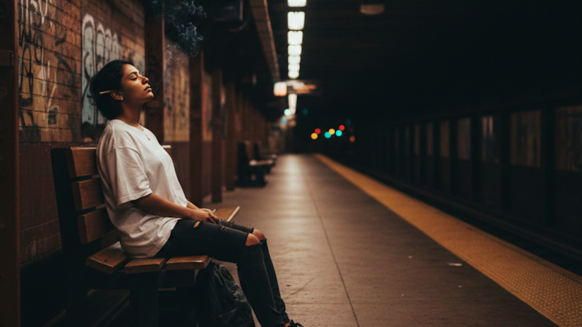 Solo figure sitting on an empty subway platform at night, joint tucked behind ear, illuminated by harsh overhead and warm tunnel light
