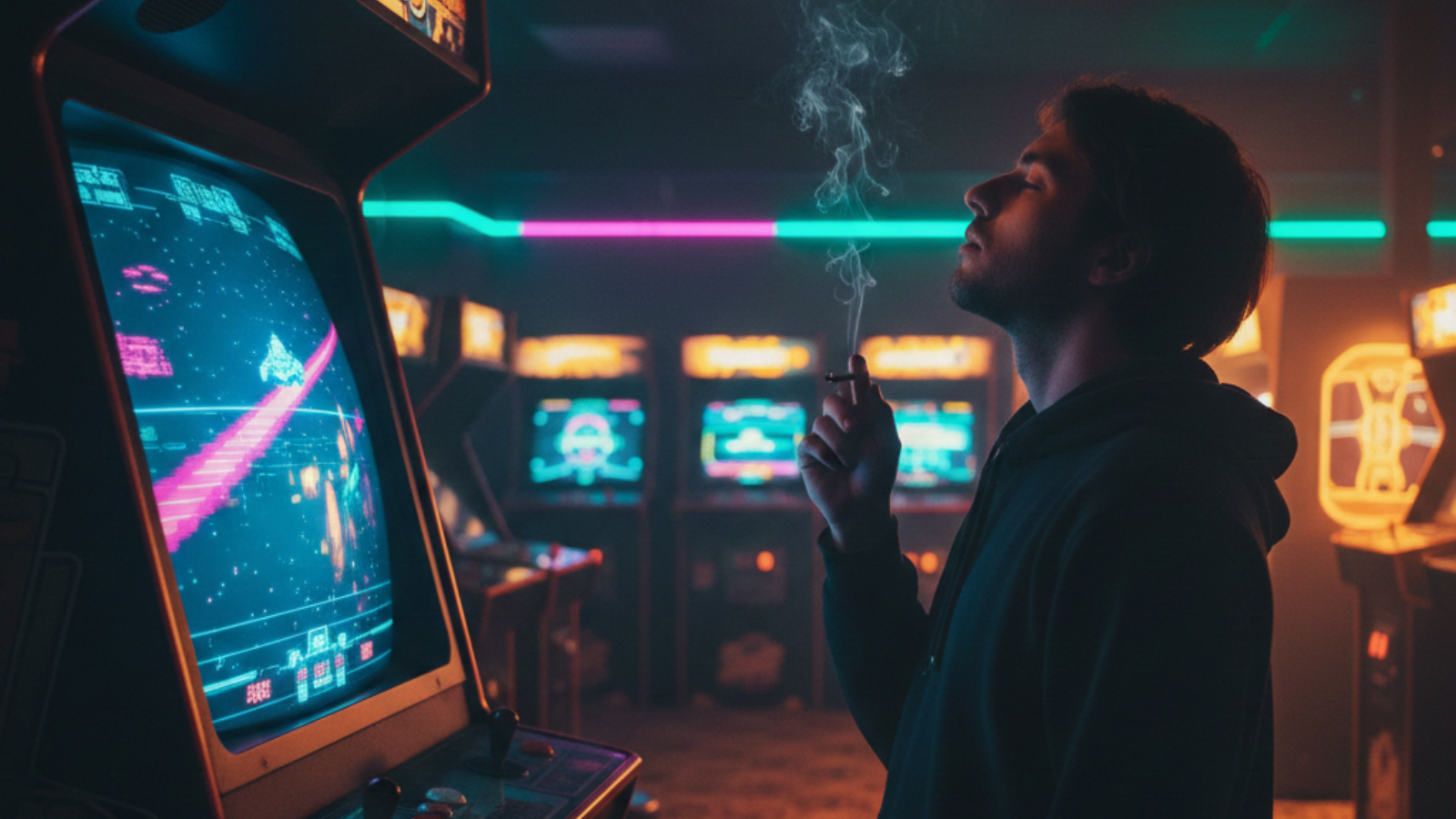 Silhouette of a person standing before a glowing arcade game at night, smoke curling upward in neon pink and blue light