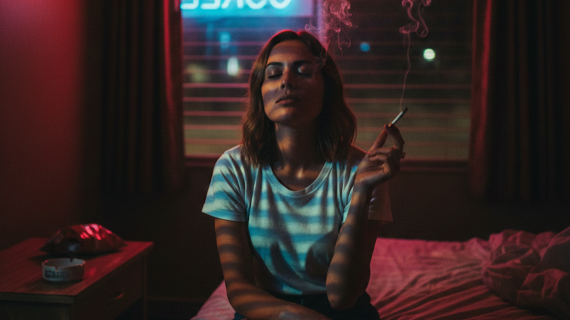 Waist-up portrait of a person sitting on a motel bed by the window, neon light streaming through blinds as smoke catches the red and blue glow
