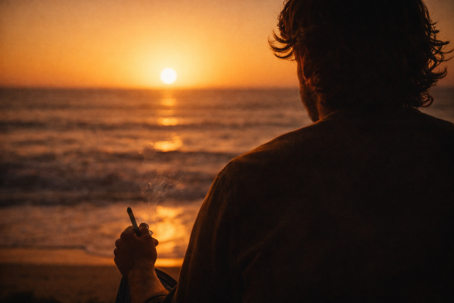 Over-shoulder view of a person holding a joint while watching the sun set over the ocean, soft golden light and waves in the background