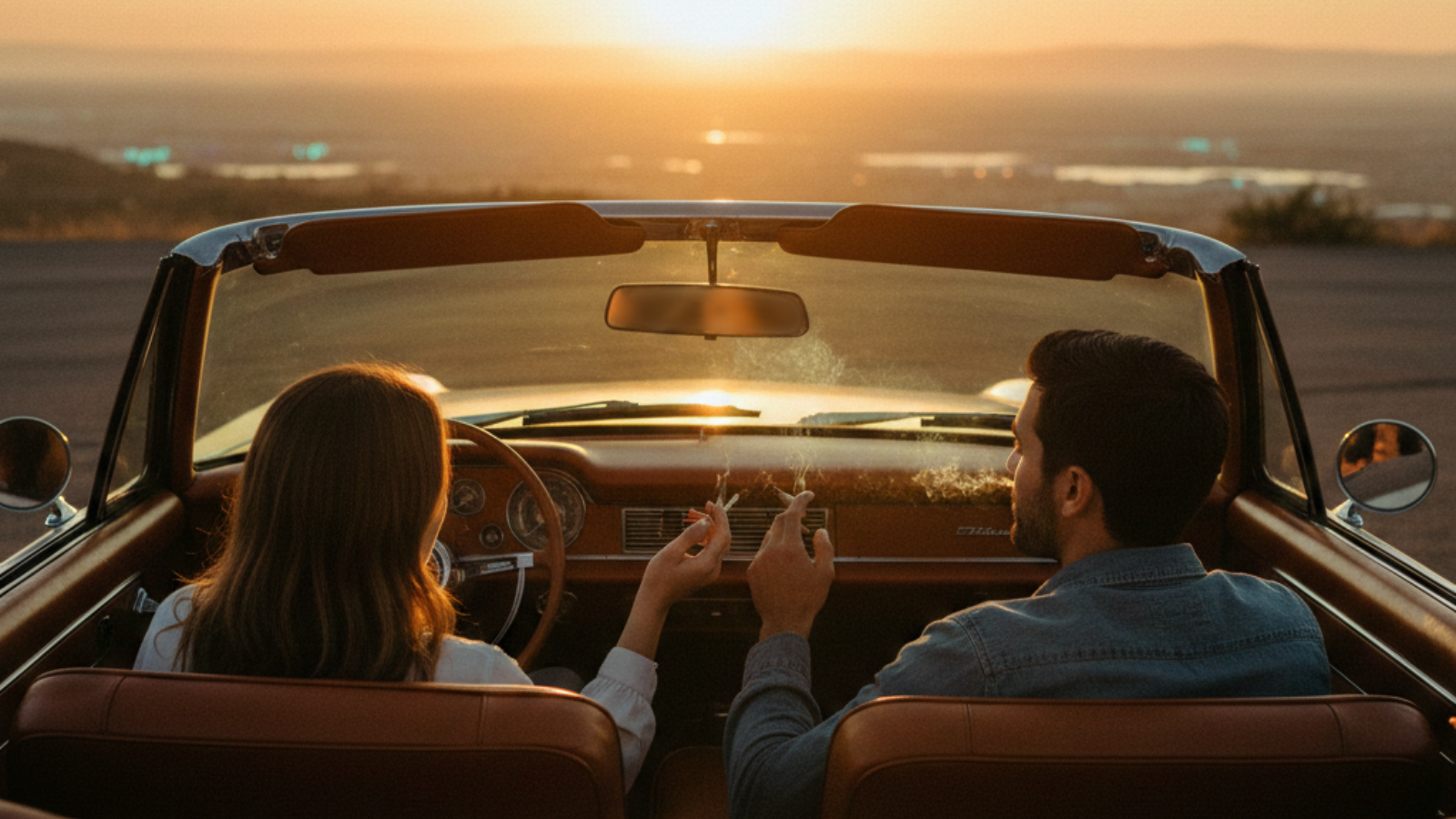 Over-shoulder view from backseat of a couple in a convertible passing a joint while watching the sunset, warm golden light filling the car