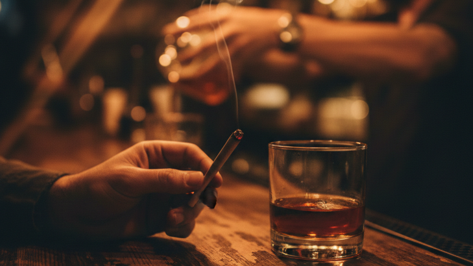 Close-up of hands resting on a bar with a joint between fingers beside a whiskey glass, bartender blurred in the background under warm amber light