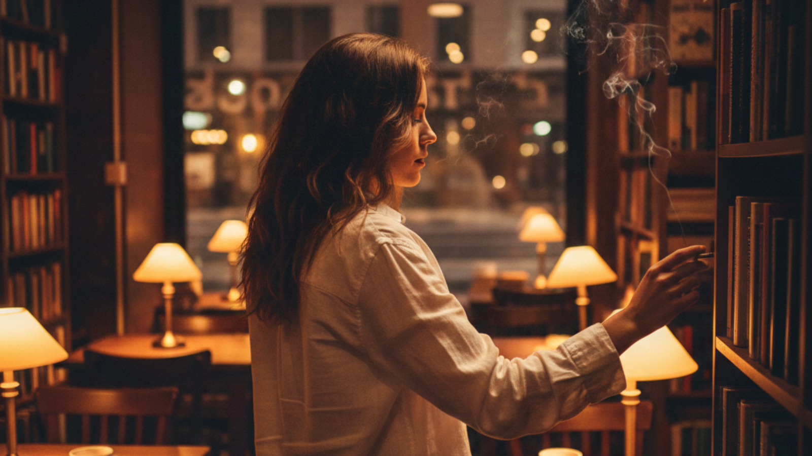 Over-the-shoulder view of a person browsing books in a cozy café after hours, warm reading lamps glowing as smoke rises in the dim space