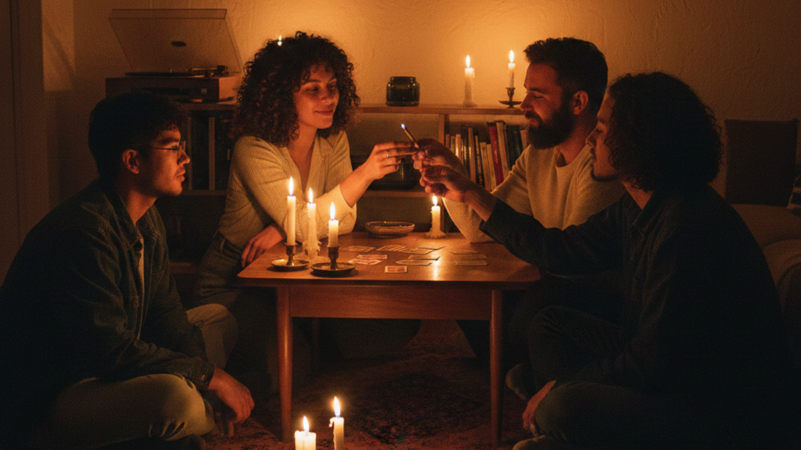 Four friends playing cards by candlelight during a power outage, passing a joint as shadows flicker
