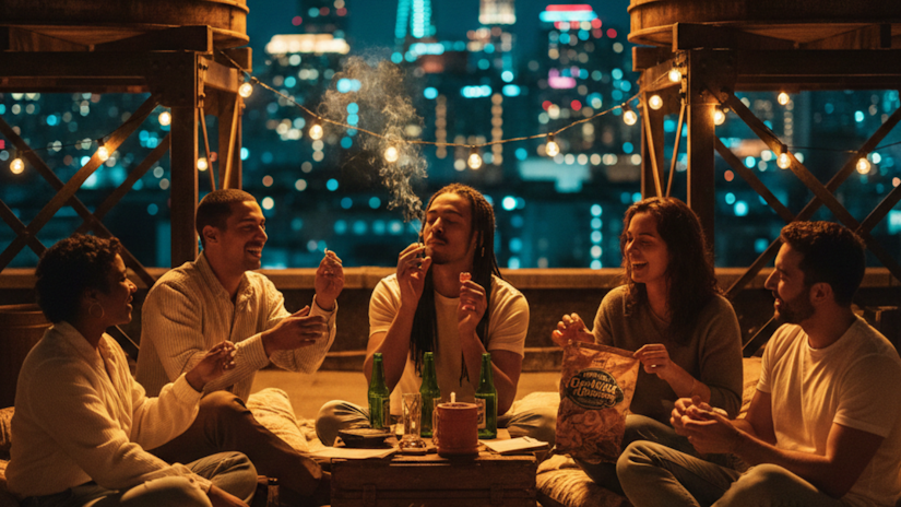 Five friends gathered on blankets near a rooftop water tower at night, warm string lights glowing as city lights surround them