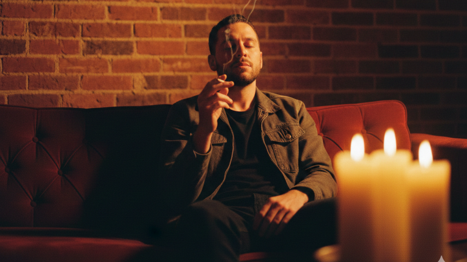 Man on velvet couch smoking joint in dim loft, warm candlelight and brick walls