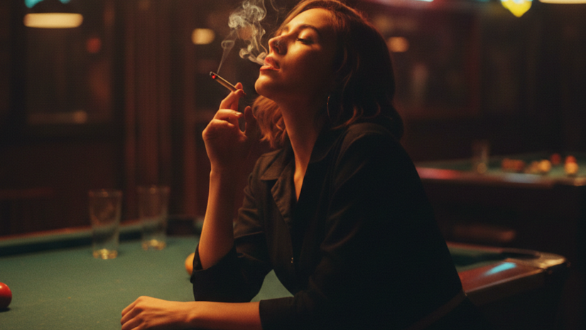 Woman with red lipstick smoking joint at pool table, warm neon glow