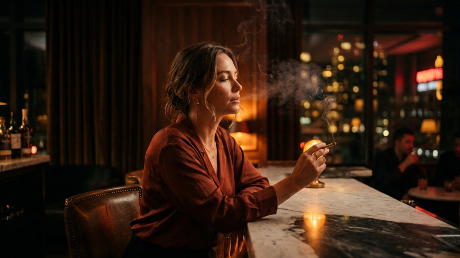Woman on barstool smoking joint, hotel bar at midnight