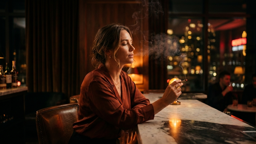 Woman on barstool smoking joint, hotel bar at midnight