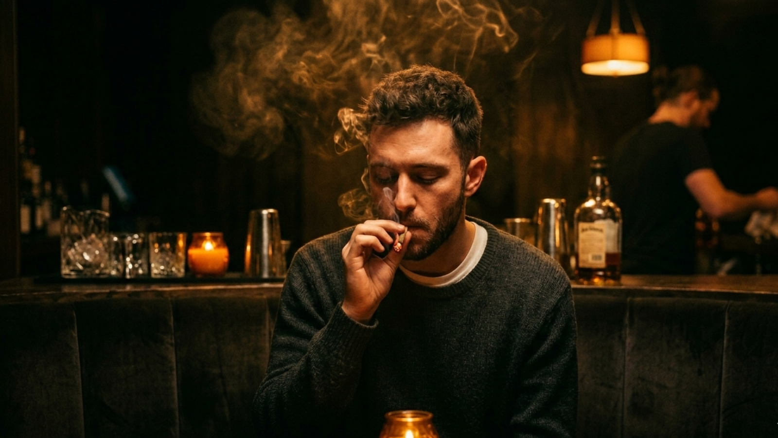 an in hotel bar booth smoking a joint at last call, candlelight casting warm shadows