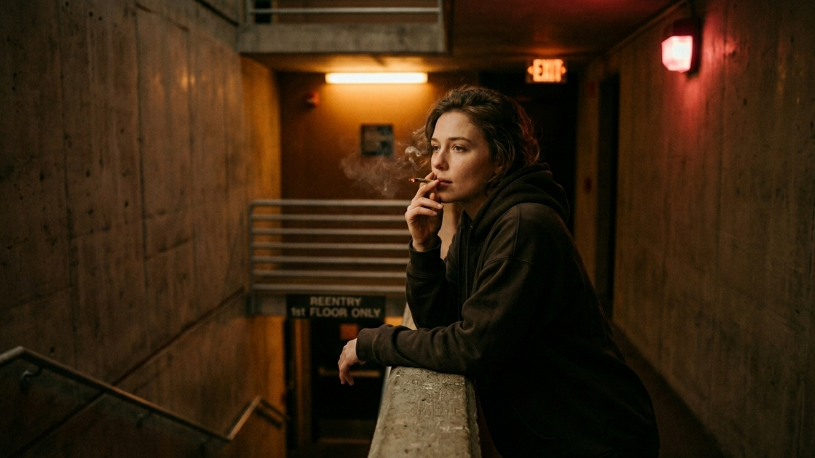 Person smoking a joint in a concrete hotel stairwell, warm emergency light casting deep shadows