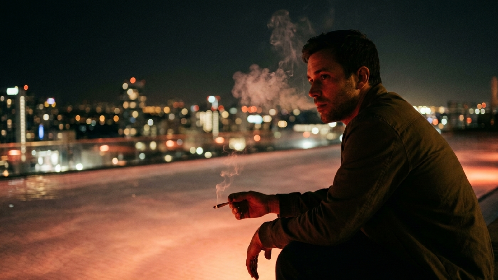 Man smoking a joint beside a rooftop infinity pool at night, warm underwater lights reflecting against the skyline