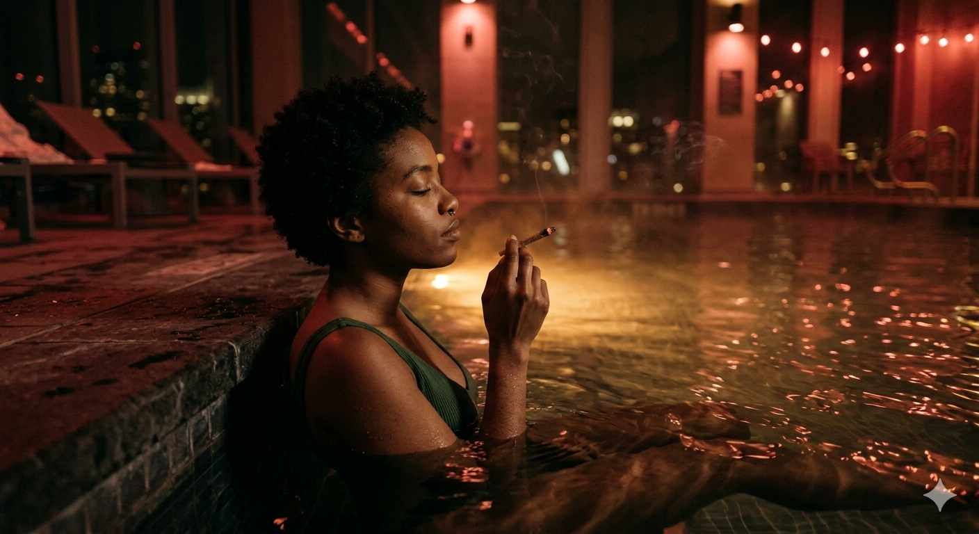 Person smoking a joint in a dim hotel pool area, warm underwater lights glowing through steam and rippling water
