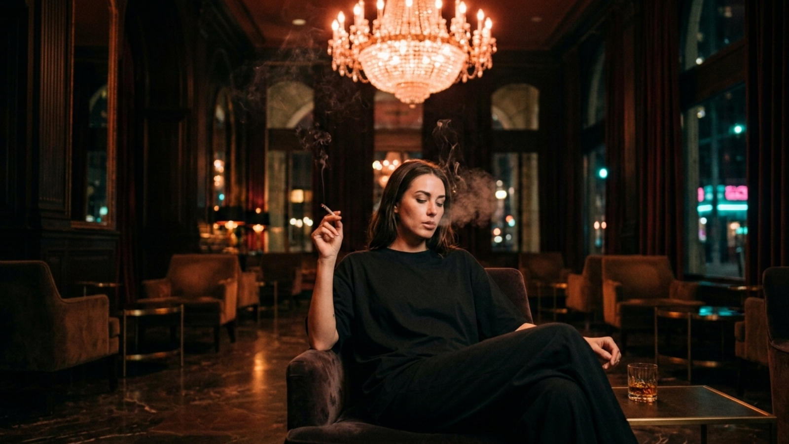 Woman smoking a joint in a hotel lobby armchair beneath a chandelier, warm light reflecting off marble floors